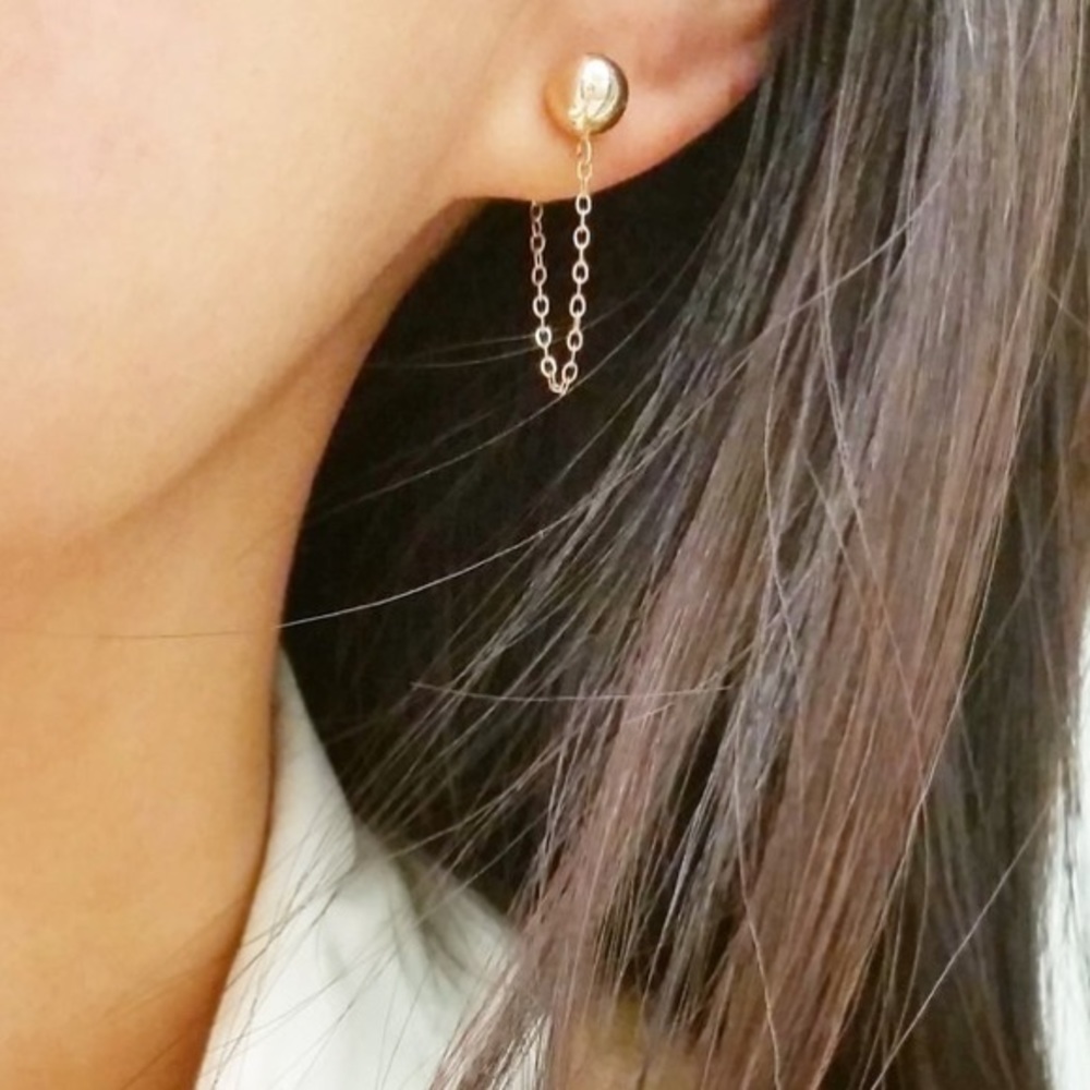 14K yellow gold stud with chain detail earrings